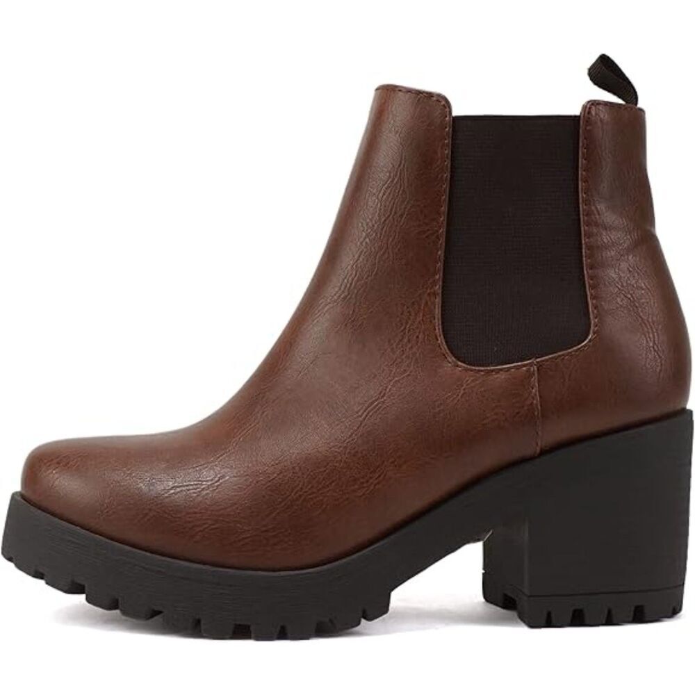 Women's Brown Round Toe Lug Sole Elastic Gore and Chunky Heel Jaber Ankle Boots